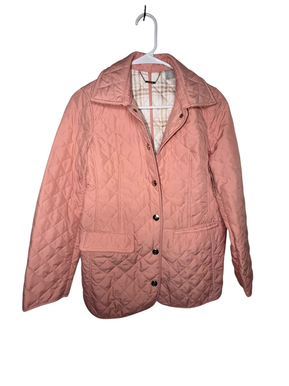 Chico’s Size 0 4/6 Pink Quilted Jacket Plaid Lined Equestrian Coat